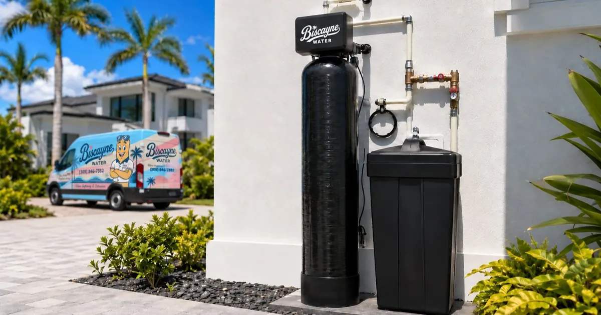 Whole-home water filtration system with a media tank, brine tank and control valve installed in a South Florida garage