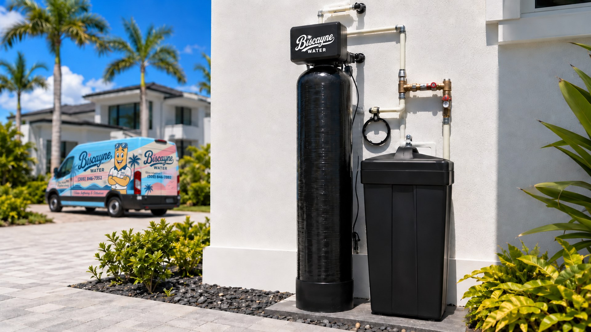 Biscayne Water Complete System installed at a South Florida home, beside the Biscayne Water service van