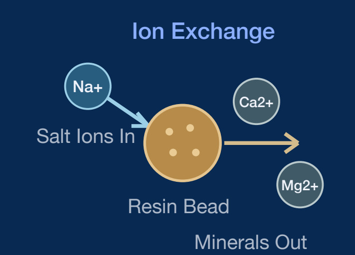 Ion exchange: salt ions in, calcium and magnesium minerals out