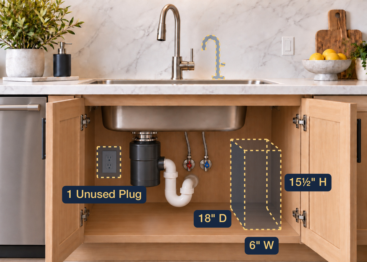 Under-sink planning photo with translucent equipment footprint, dimensions and unused outlet