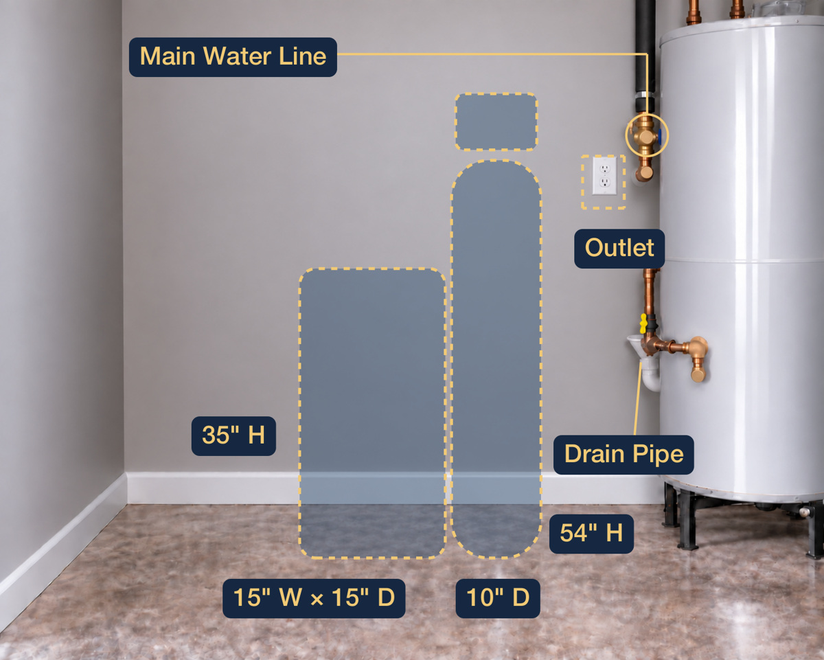 Main water line planning photo with tank footprints, outlet, drain and dimensions