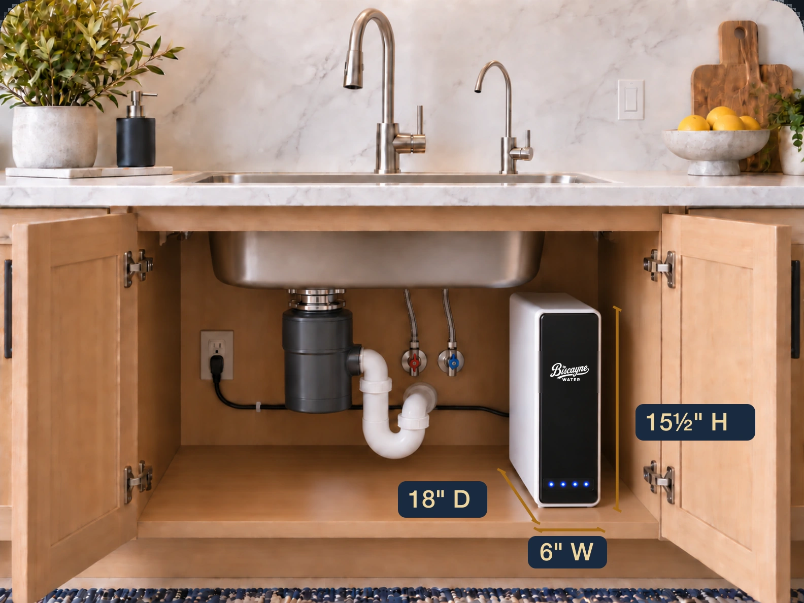 HW800 AlkaPro tankless reverse osmosis: 6 inches wide, 18 inches deep, 15½ inches high