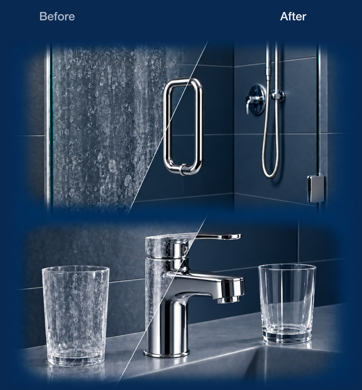 Before and after: scale on shower glass, faucet and drinking glasses