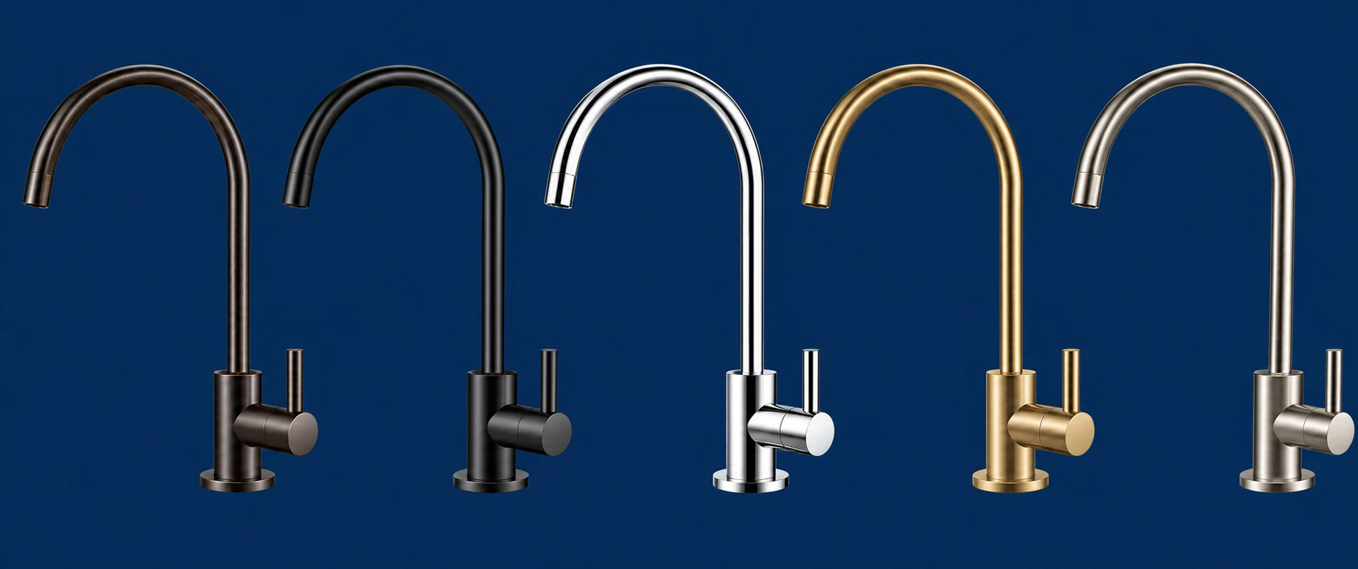 Five matching mini-faucet finishes with aligned spouts